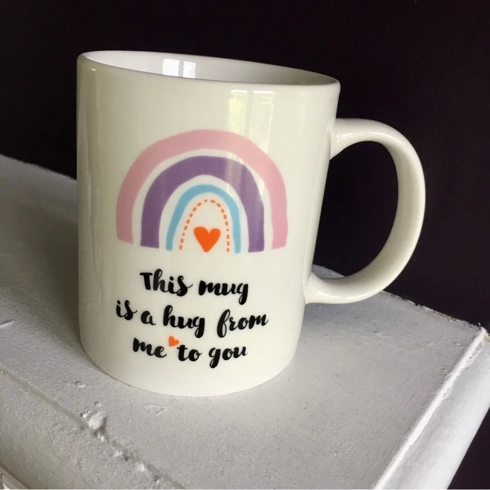“This mug is a hug from me to you,” Coffee Mug, Ivory, Cream, 11 oz